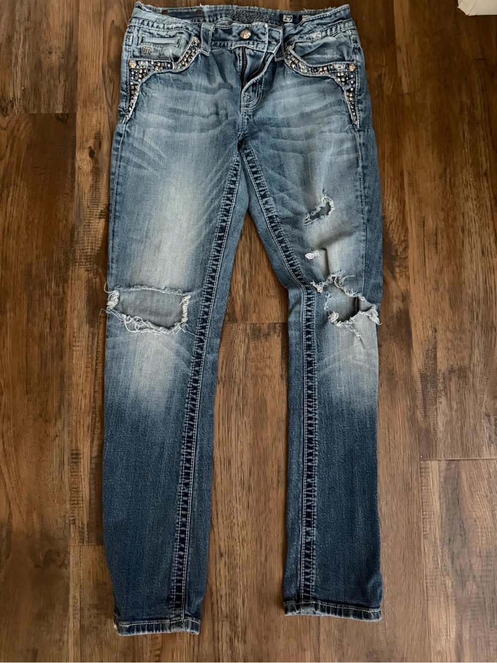 Miss Me Distressed Blue Boot Cut Jeans with Stud Embellished Pockets
